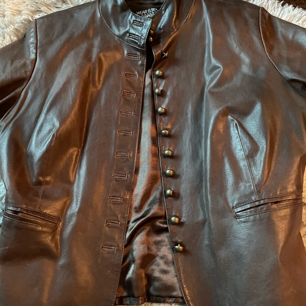 Women's Brown Leather Jacket with Button Detail
